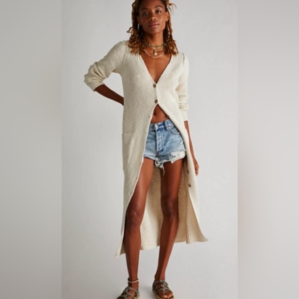 FREE PEOPLE Ivory White Clearwater Long Knit Duster Sweater Cardigan M